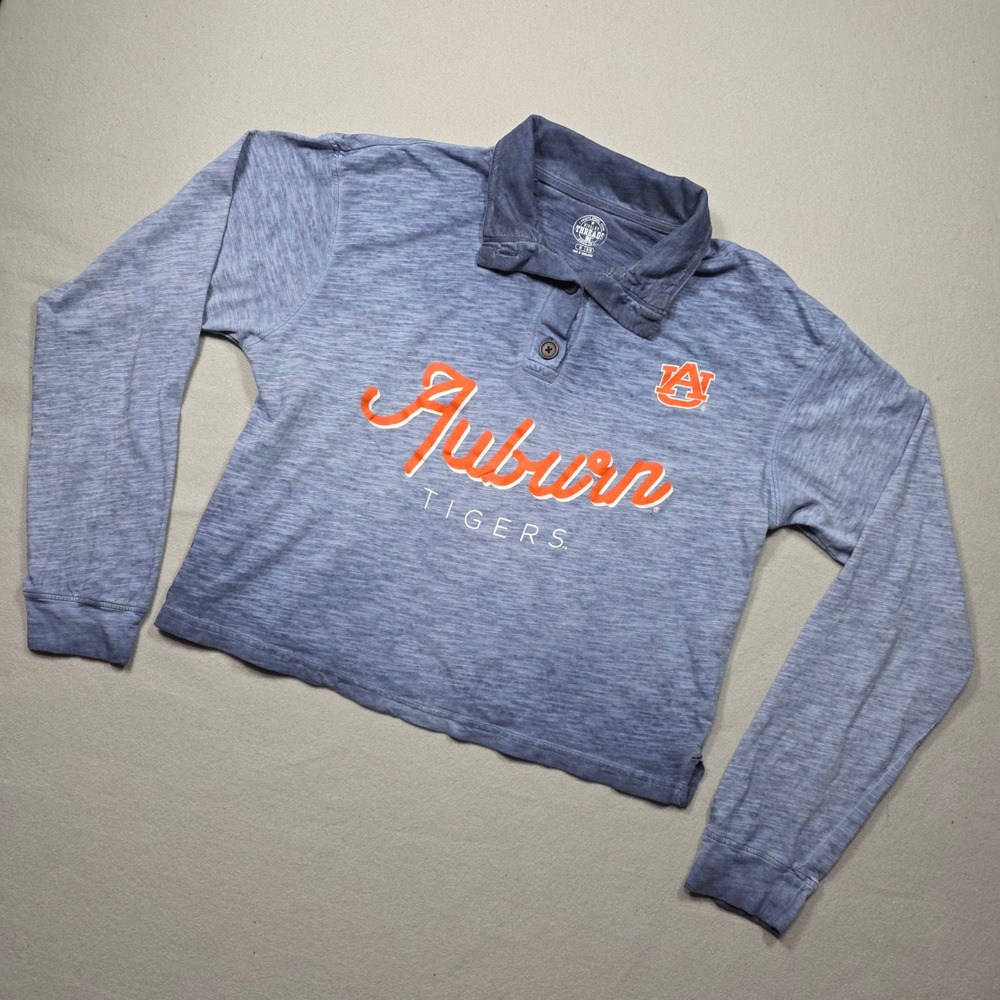 Aubrun Tigers Cropped Long Sleev Henley Tee - Heathered Blue in Women's Medium